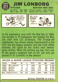 1967 Topps #371 Jim Lonborg Back