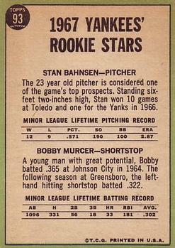 1967 Topps #93 Yankees 1967 Rookie Stars (Stan Bahnsen / Bobby Murcer) Back