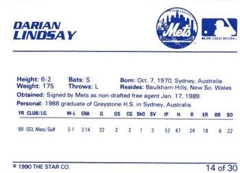 1990 Star Kingsport Mets #14 Darian Lindsay Back
