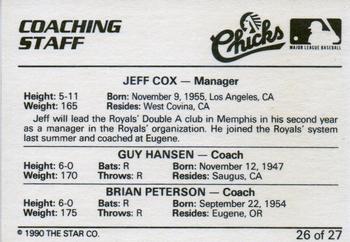 1990 Star Memphis Chicks #26 Coaching Staff (Jeff Cox / Guy Hansen / Brian Peterson) Back