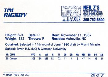 1990 Star Miami Miracle I #26 Tim Rigsby Back