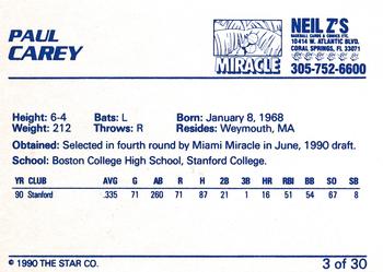 1990 Star Miami Miracle I #3 Paul Carey Back