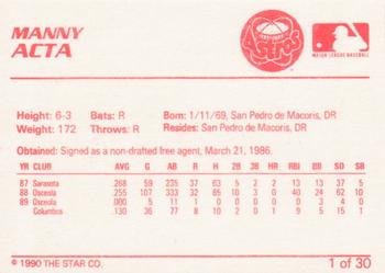 1990 Star Osceola Astros #1 Manny Acta Back