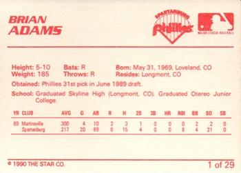 1990 Star Spartanburg Phillies #1 Brian Adams Back
