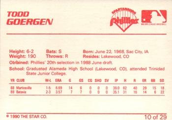 1990 Star Spartanburg Phillies #10 Todd Goergen Back