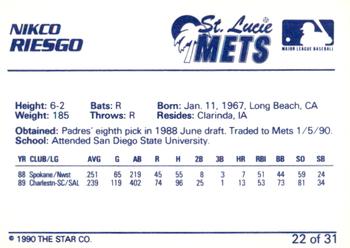 1990 Star St. Lucie Mets #22 Nikco Riesgo Back