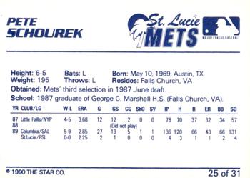1990 Star St. Lucie Mets #25 Pete Schourek Back