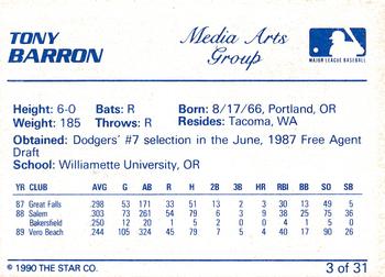 1990 Star Vero Beach Dodgers #3 Tony Barron Back