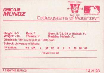 1990 Star Watertown Indians #14 Oscar Munoz Back