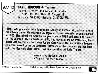 1989 ProCards Triple A All-Stars #AAA12 Hap Hudson Back