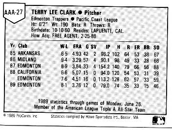 1989 ProCards Triple A All-Stars #AAA27 Terry Clark Back