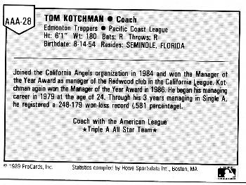 1989 ProCards Triple A All-Stars #AAA28 Tom Kotchman Back