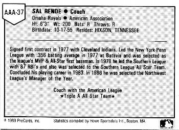 1989 ProCards Triple A All-Stars #AAA37 Sal Rende Back