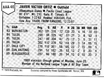 1989 ProCards Triple A All-Stars #AAA46 Javier Ortiz Back