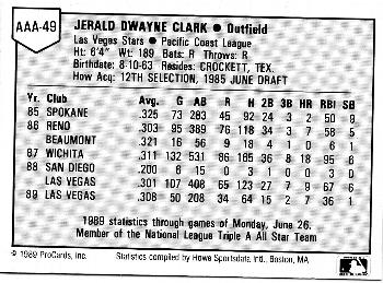 1989 ProCards Triple A All-Stars #AAA49 Jerald Clark Back