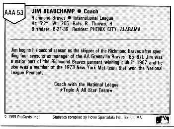 1989 ProCards Triple A All-Stars #AAA53 Jim Beauchamp Back