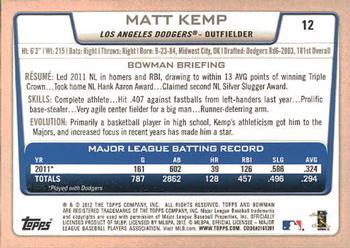 2012 Bowman #12 Matt Kemp Back