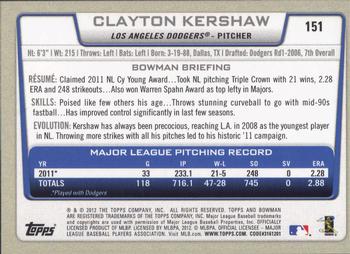 2012 Bowman #151 Clayton Kershaw Back