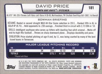 2012 Bowman #181 David Price Back