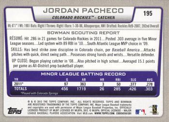 2012 Bowman #195 Jordan Pacheco Back