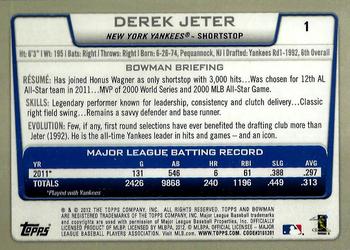 2012 Bowman #1 Derek Jeter Back