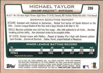 2012 Bowman #206 Michael Taylor Back
