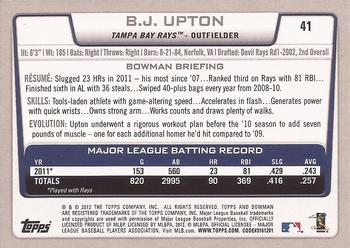 2012 Bowman #41 B.J. Upton Back