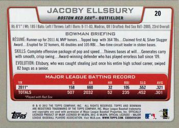 2012 Bowman #20 Jacoby Ellsbury Back