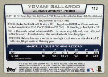 2012 Bowman #113 Yovani Gallardo Back