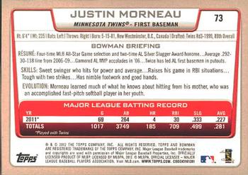 2012 Bowman #73 Justin Morneau Back
