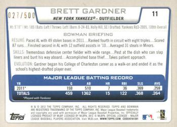 2012 Bowman - Blue #11 Brett Gardner Back