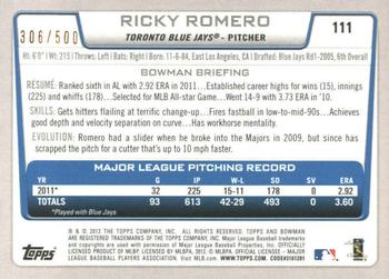 2012 Bowman - Blue #111 Ricky Romero Back