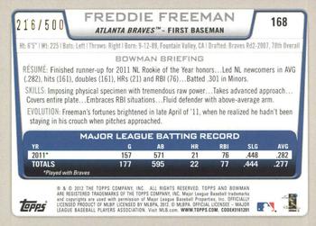 2012 Bowman - Blue #168 Freddie Freeman Back