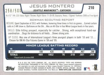 2012 Bowman - Blue #210 Jesus Montero Back