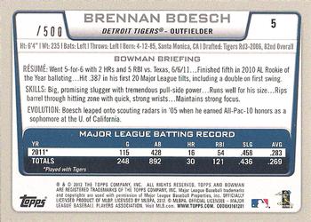 2012 Bowman - Blue #5 Brennan Boesch Back