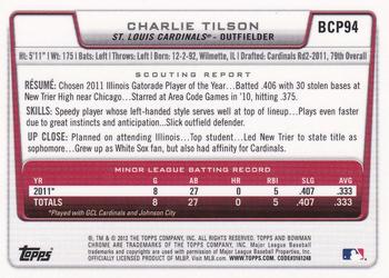 2012 Bowman - Chrome Prospect Autographs #BCP94 Charlie Tilson Back
