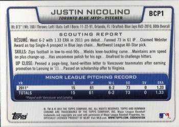 2012 Bowman - Chrome Prospects #BCP1 Justin Nicolino Back