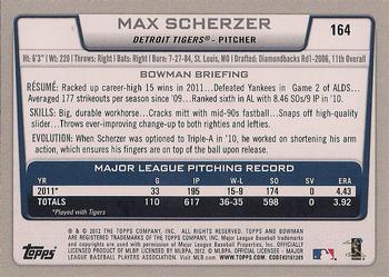 2012 Bowman - Gold #164 Max Scherzer Back