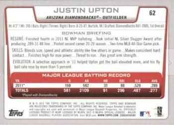 2012 Bowman - International #62 Justin Upton Back