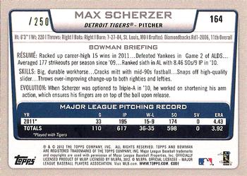 2012 Bowman - Orange #164 Max Scherzer Back