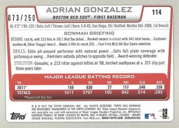 2012 Bowman - Orange #114 Adrian Gonzalez Back