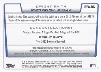 2012 Bowman - Prospect Autographs #BPA-DS Dwight Smith Back