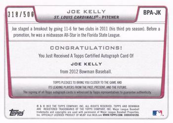 2012 Bowman - Prospect Autographs Blue #BPA-JK Joe Kelly Back