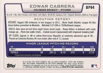 2012 Bowman - Prospects #BP64 Edwar Cabrera Back