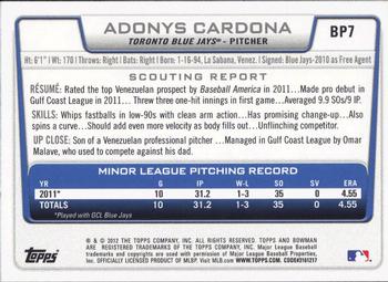 2012 Bowman - Prospects #BP7 Adonys Cardona Back