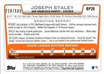 2012 Bowman - Prospects Blue #BP26 Joseph Staley Back