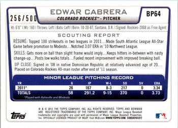 2012 Bowman - Prospects Blue #BP64 Edwar Cabrera Back
