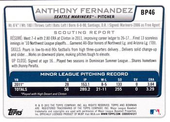 2012 Bowman - Prospects International #BP46 Anthony Fernandez Back