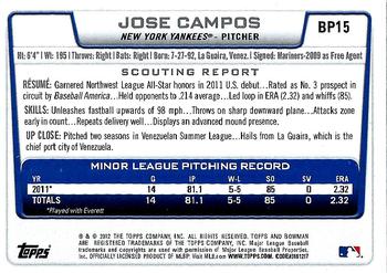2012 Bowman - Prospects Purple #BP15 Jose Campos Back