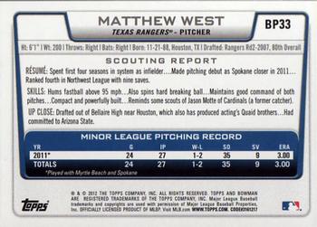 2012 Bowman - Prospects Purple #BP33 Matthew West Back